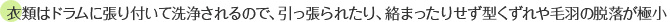 衣類はドラムに張り付いて洗浄されるので、引っ張られたり、絡まったりせず型くずれや毛羽の脱落が極小